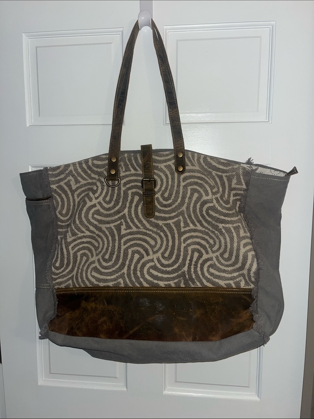 Myra Bag Gray Patterned Canvas WeekenderTote Bag with Brown Leather Trim